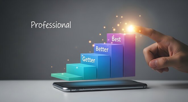 Professional business growth concept with rising bar chart, hand pointing to best performance level, career development and success visualization