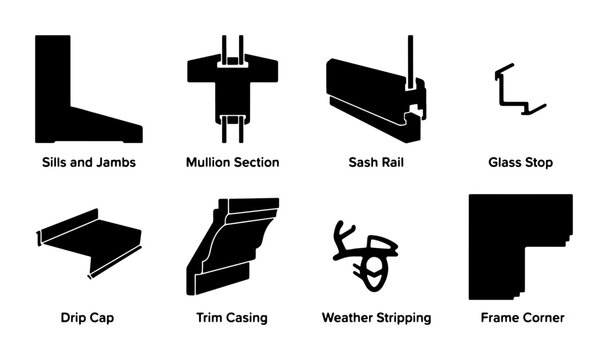 Window Frame Components Vector Set: Sills, Jambs, Mullion, Sash Rail, Drip Cap, Trim, Weather Stripping, Frame Corner, Glass Stop