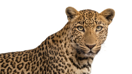 Fototapeta premium Leopard head and shoulder close-up with spotted fur