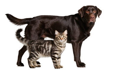 Naklejka premium Chocolate Labrador dog standing behind tabby cat