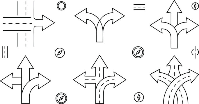 Road arrow direction line icon bundle featuring vector map navigation split path fork isolated on white background