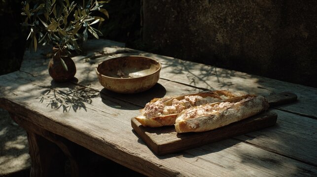 Rustic Italian Bruschetta with Cream Cheese and Fresh Herbs on Wooden Table, Artisan Appetizer, Mediterranean Cuisine in Natural Light