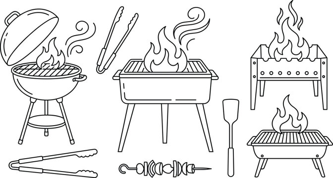 Barbecue grill and picnic icon set with line art charcoal brazier fire flame tongs spatula and kebab vectors