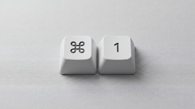Close-up of white Apple Mac Command key and number 1 key on a minimalist grey background.