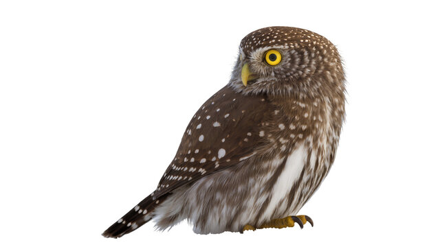 Small brown owl with yellow eyes and white spots