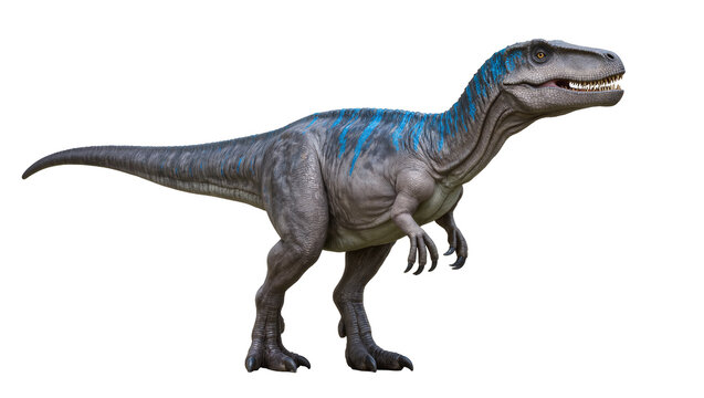 Gray dinosaur with blue stripes and sharp teeth