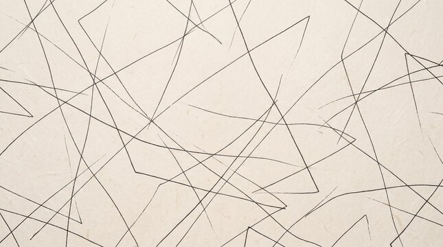 Abstract minimal background with hand drawn thin charcoal pencil lines forming chaotic intersecting geometric patterns on textured beige paper surface for artistic creative graphic design projects