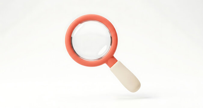 Coral three dimensional magnifying glass icon symbolizing search on a white background