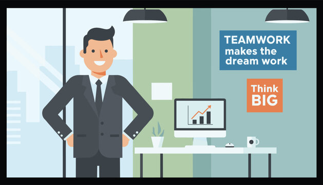 Successful businessman standing in front of his office desk with teamwork and think big motivational posters on wall.