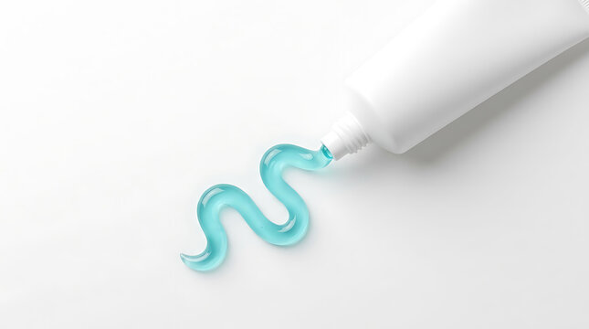 White tube squeezing blue gel toothpaste on white background