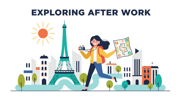 Cheerful young woman exploring Paris after work while holding a camera and a map in front of Eiffel tower landmark.