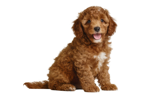 Fluffy brown poodle mix puppy sitting with tongue out