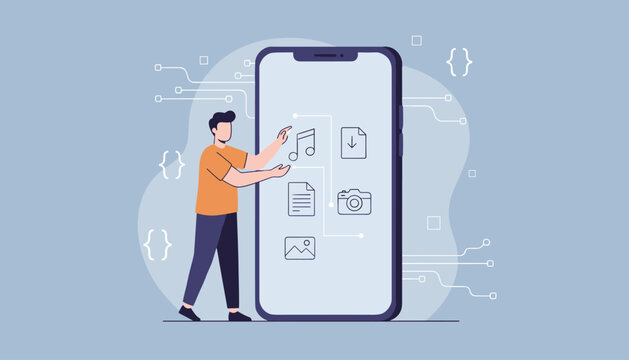 Mobile application developer or designer organizing various media files and application icons on a giant smartphone screen.