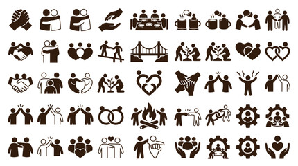 Fototapeta premium Collection of relationship icons highlighting empathy connection support and togetherness.