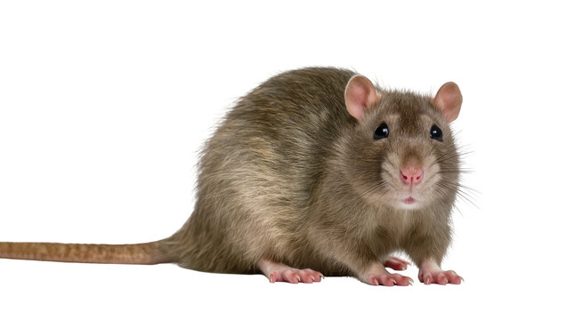 Brown rat with pink nose and ears on white