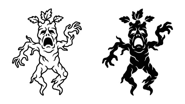 Mandragora Demon Illustration: A stylized illustration depicting a mythical Mandragora demon, with a human-like face contorted in a scream, gnarled branches for limbs, and leafy sprouts on its head.