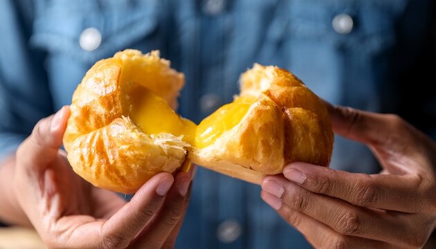 close up of hands holding and breaking open a custard filled pineapple bun