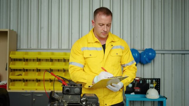 Caucasian male auto mechanic in a yellow uniform uses a digital multimeter to test car battery voltage in a garage workshop. He checks the electrical systems and writes diagnostic data on a clipboard.