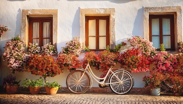 vintage travel postcard under the golden sun an old bicycle rests gently against the wall of a white italian style house overflowing with bright flowers