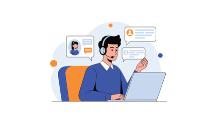 Fototapeta premium Customer support representative wearing a headset assists clients through a laptop with message bubbles on screen.
