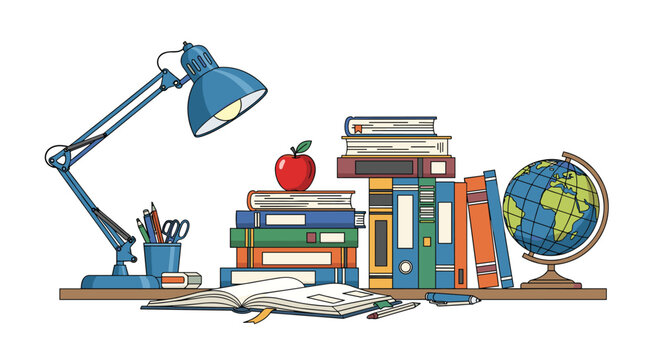 Organized school desk is filled with colorful books, a globe, a desk lamp, and a fresh red apple for an educational concept.