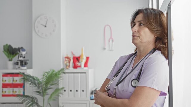 Woman doctor with stethoscope touching chin and pinching nose in clinic by window, leaning against wall during brief pause; fatigue resilience.