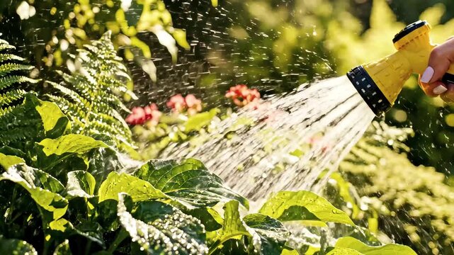 Garden hose spraying water on green plants, yellow nozzle watering lush backyard garden, summer gardening and plant care routine