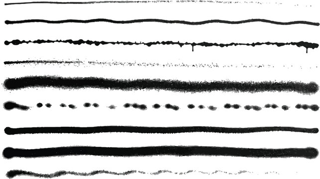 Abstract black hand drawn wavy lines and dotted ink stroke textures collection isolated on white background grunge design set