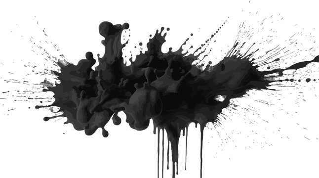 Black paint splatter on white background with drips and splashes everywhere  abstract art