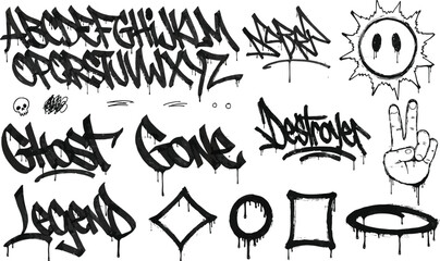Graffiti style alphabet and shapes with spray paint effects on white background © RED BEIGE