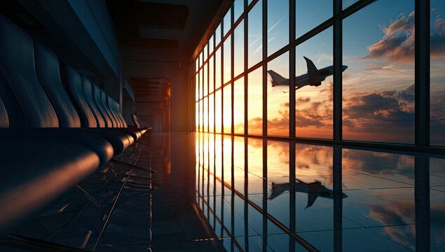 Modern airport terminal with large windows showing a plane taking off at sunset