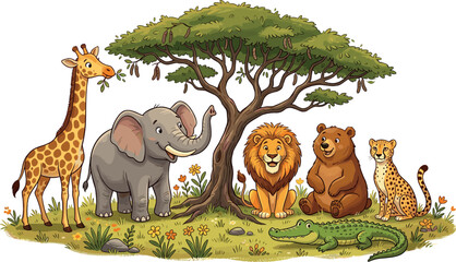 Cute cartoon wild animals giraffe elephant lion bear cheetah crocodile under safari tree vector illustration isolated on white background for kids © MstBizly
