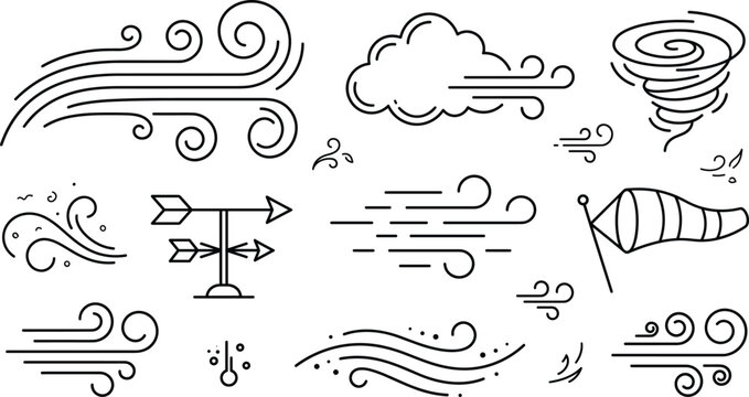Wind blow and air flow line art icon set with weather cloud tornado vane and windsock vectors