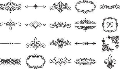 Vintage Fleur De Lis Dividers and Elegant Calligraphic Frames Set, Retro Filigree Borders Quote Box and Corner Ornaments Vector Illustration © Irfan Creatives