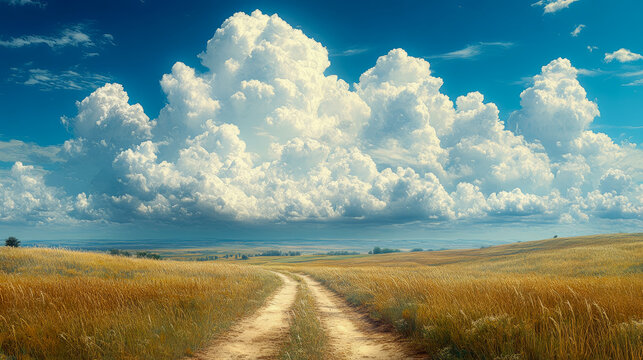 Winding dirt road carves path through vast golden fields, stretching towards distant horizon under expansive, brilliant blue sky adorned with magnificent, towering cumulus clouds, creating serene and 