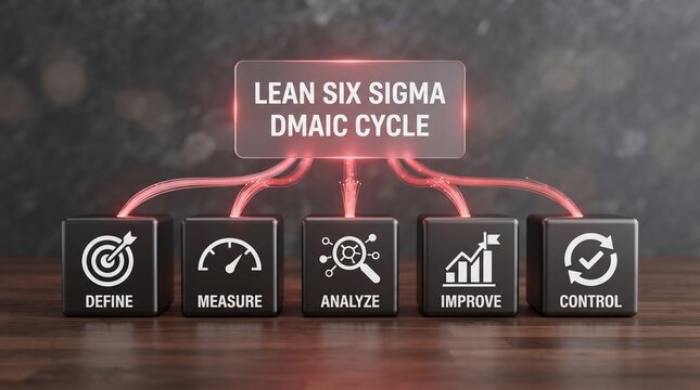 Lean six sigma dmaic cycle concept with glowing fiber optic connections and five labeled black cubes representing business process improvement strategy