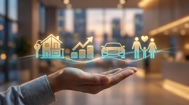 A businessman holds holographic icons representing home real estate financial growth vehicle ownership and family security in a modern office setting