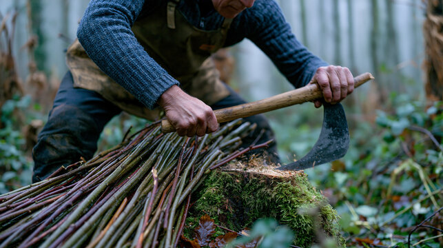 Coppice worker in early morning mist swings billhook through hazel stand in managed English woodland, freshly cut rods bundled beside mossy stump, sustainable forestry heritage, autumn woodland mana