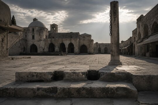 Empty ancient market square with stone steps showing indentations where a pillory once stood.