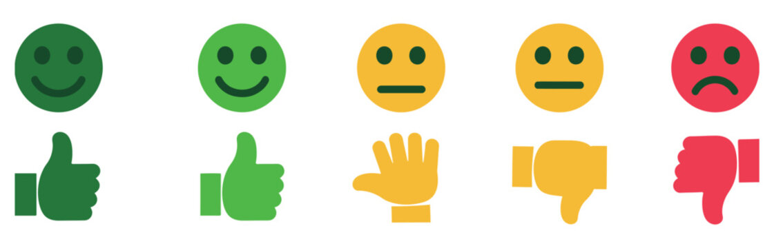 Smiley face icons with thumbs feedback rating scale for customer reviews, satisfaction, user experience, and vector illustration