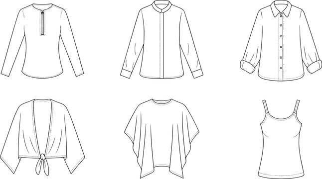 Technical flat sketch set of diverse women&rsquo;s casual tops including long sleeve shirts, tie-front bolero, poncho, and spaghetti strap camisole.
