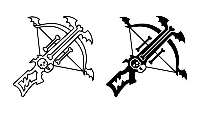 Gothic Crossbow Symbol: A menacing crossbow design, adorned with skull and bone motifs, presented in both outline and solid black versions, evoking a dark and fantasy aesthetic.
