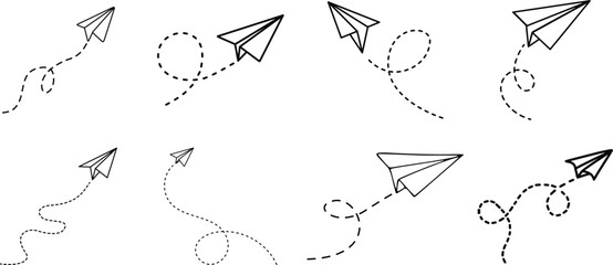 Set of simple paper plane icons with dashed flight paths on a transparent background. © Ripon Sojib