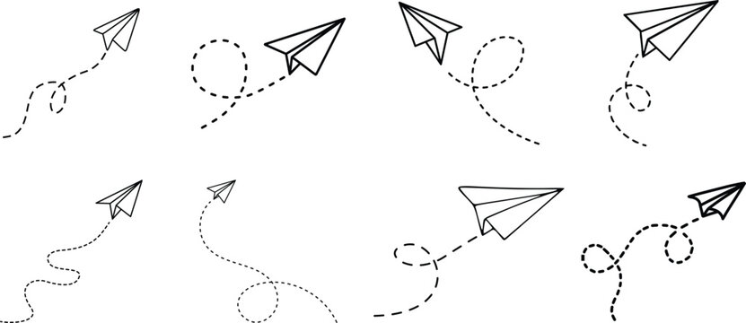 Set of simple paper plane icons with dashed flight paths on a transparent background.