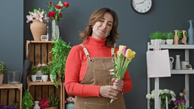 Woman florist in apron cradles yellow and purple tulips, smiles and tilts head while holding bouquet beside shelf and clock in studio; warmth care.