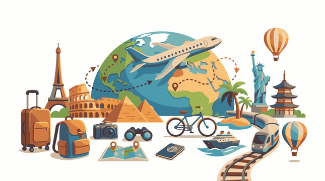 Diverse iconic landmarks transport modes and travel gear around globe