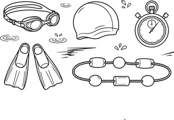 Swimming and water sports line art vector set with goggles cap stopwatch flippers pool lane divider © Md