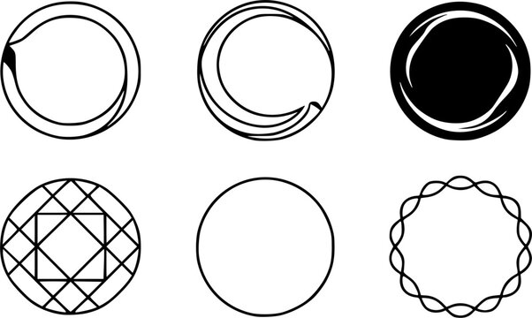 Collection of abstract geometric circle frames vector icon set featuring minimalist liquid swirl rings wavy borders and linear zen designs isolated on white background.