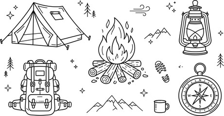 Camping and outdoor adventure line art vector set with tent campfire backpack lantern compass and mountains © Md