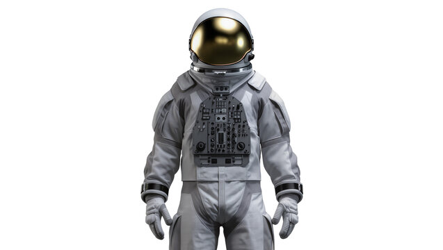Astronaut in detailed spacesuit with golden helmet visor